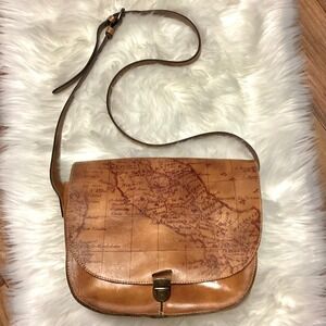 New Patricia Nash Braidi Signature Map Collection Brown Leather Large Saddle Bag
